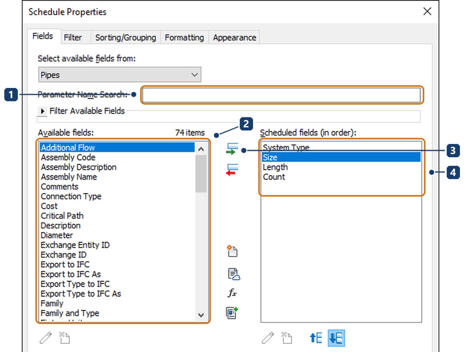 The Fields tab of Schedule Properties