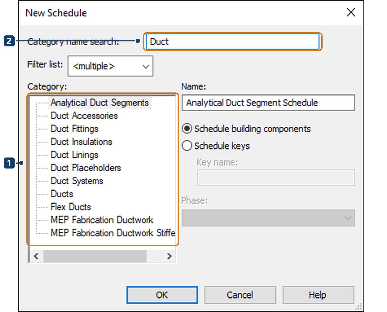 MEP categories in the New Schedule dialog