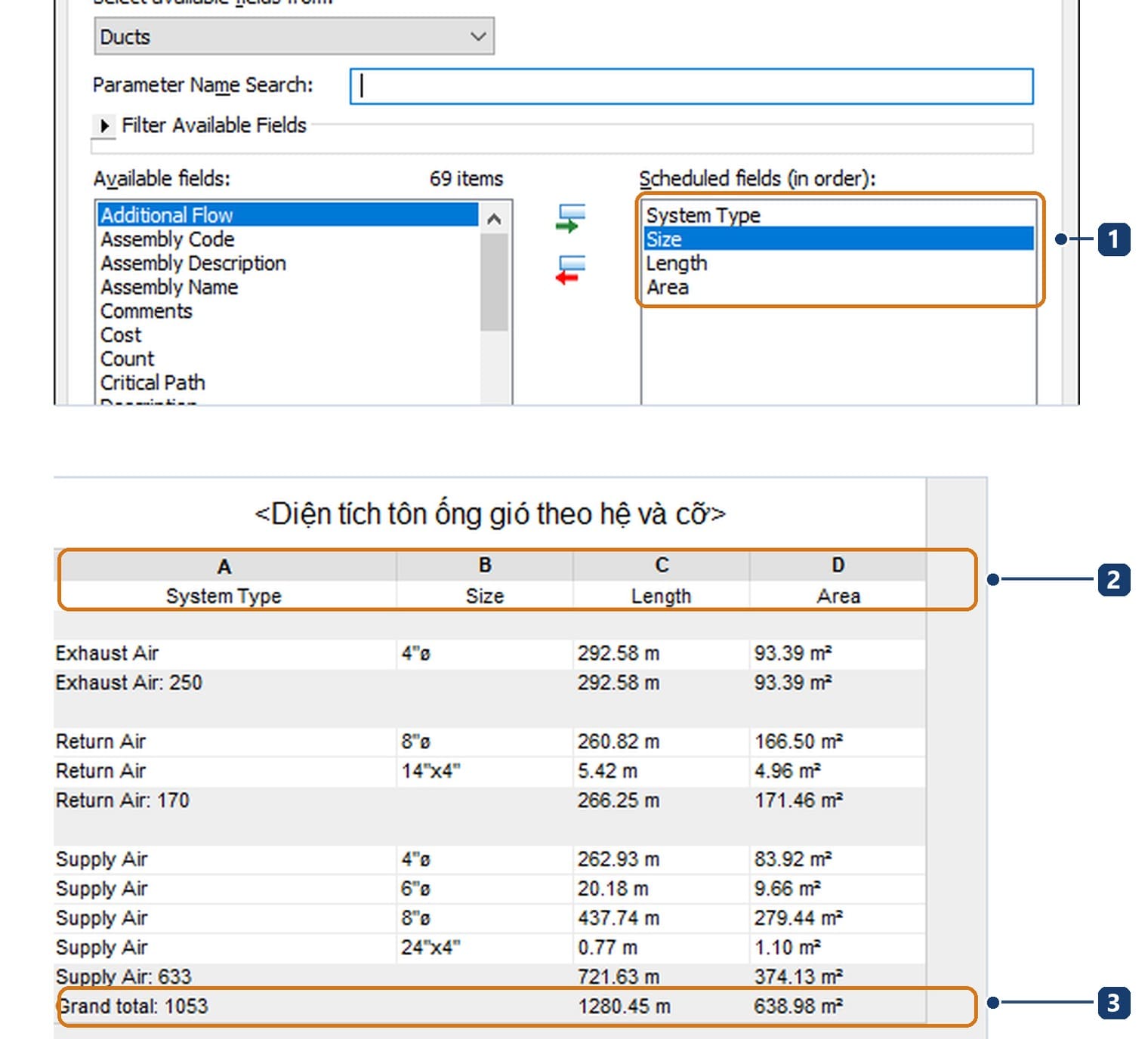 The Area field and the duct area schedule
