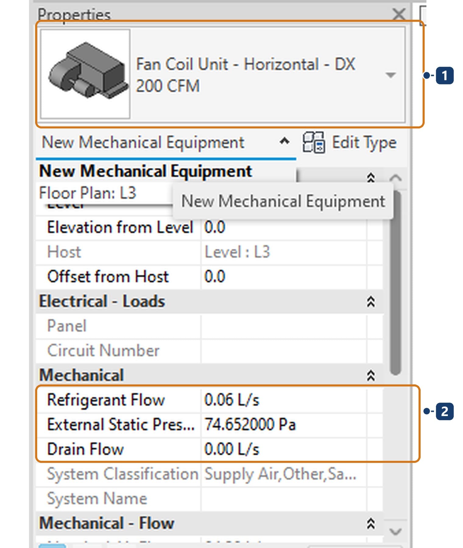 Kiểu Fan Coil Unit - Horizontal - DX vừa nạp 1 và nhóm Mechanical với Refrigerant Flow, Drain Flow, System Classification 2
