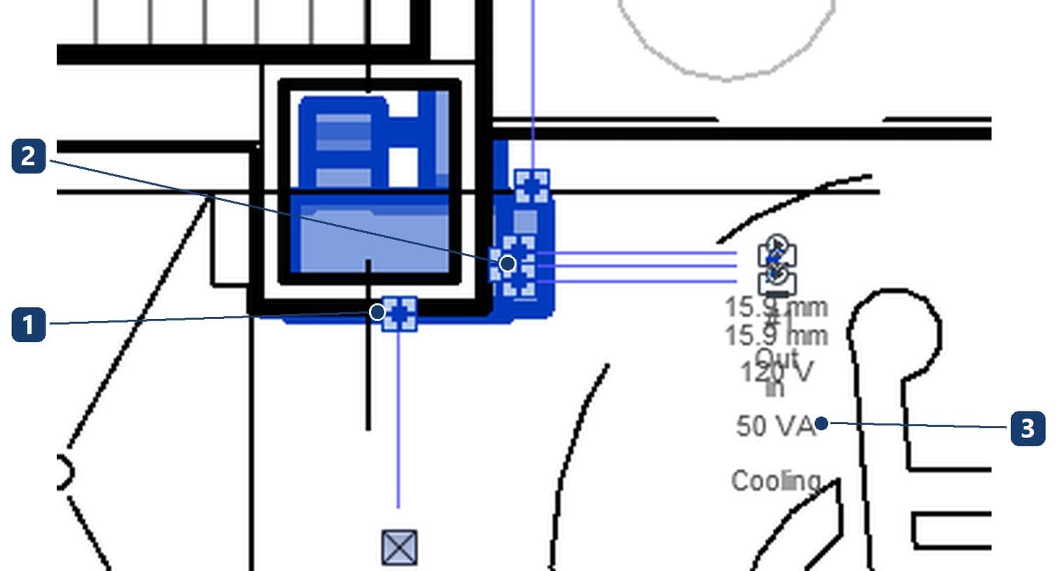 Ba nhóm connector của một dàn lạnh DX hiện ngay trên khung nhìn Revit 2027