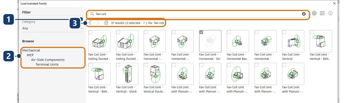 Ô tìm nội dung 1, nhánh Browse dẫn tới Terminal Units 2 và số kết quả trả về 3