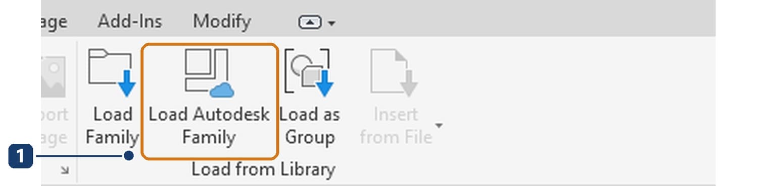 Panel Load from Library của tab Insert, nút Load Autodesk Family 1