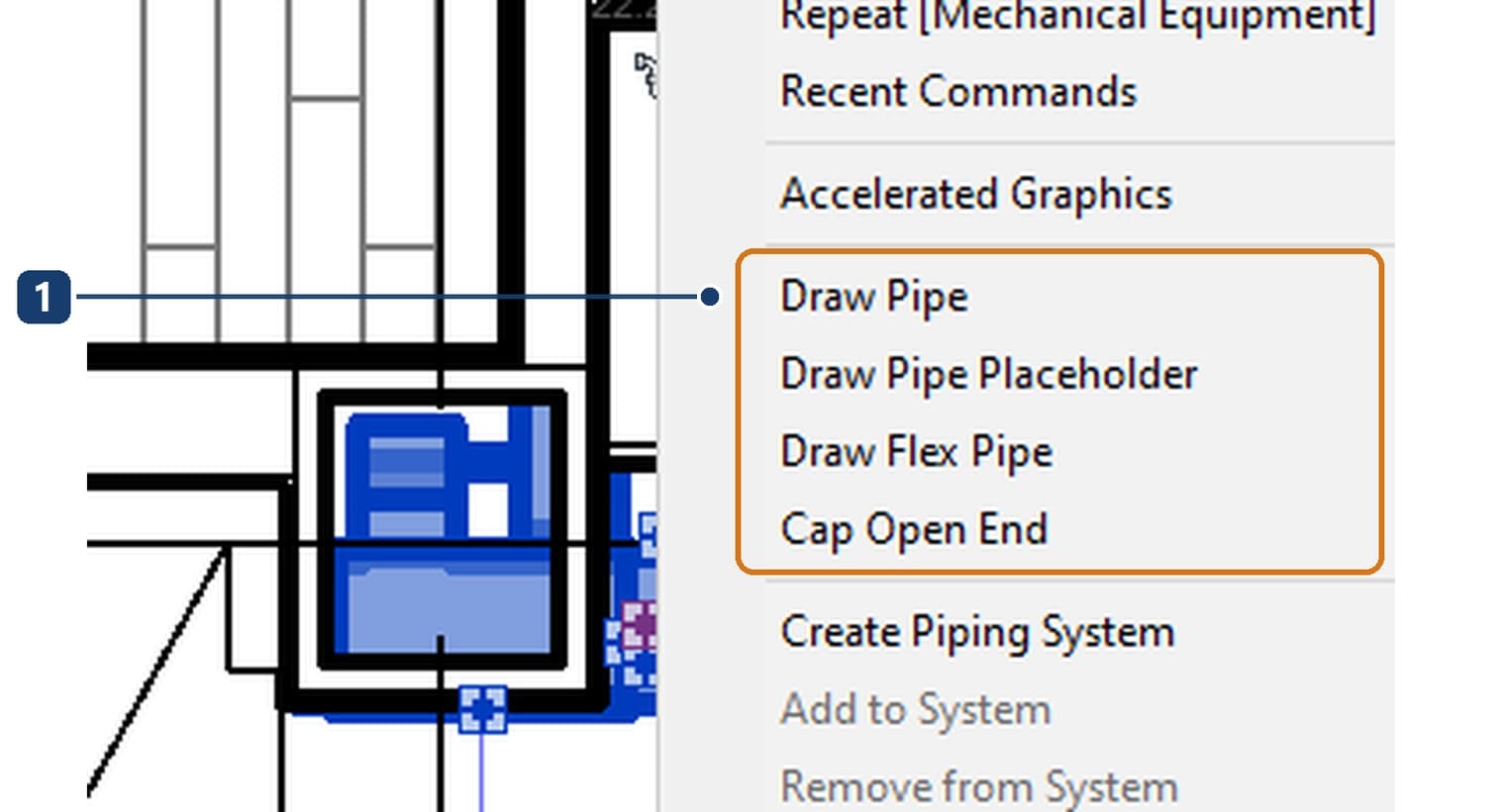 Nhóm lệnh nối ống ngay từ connector, đứng đầu là Draw Pipe 1