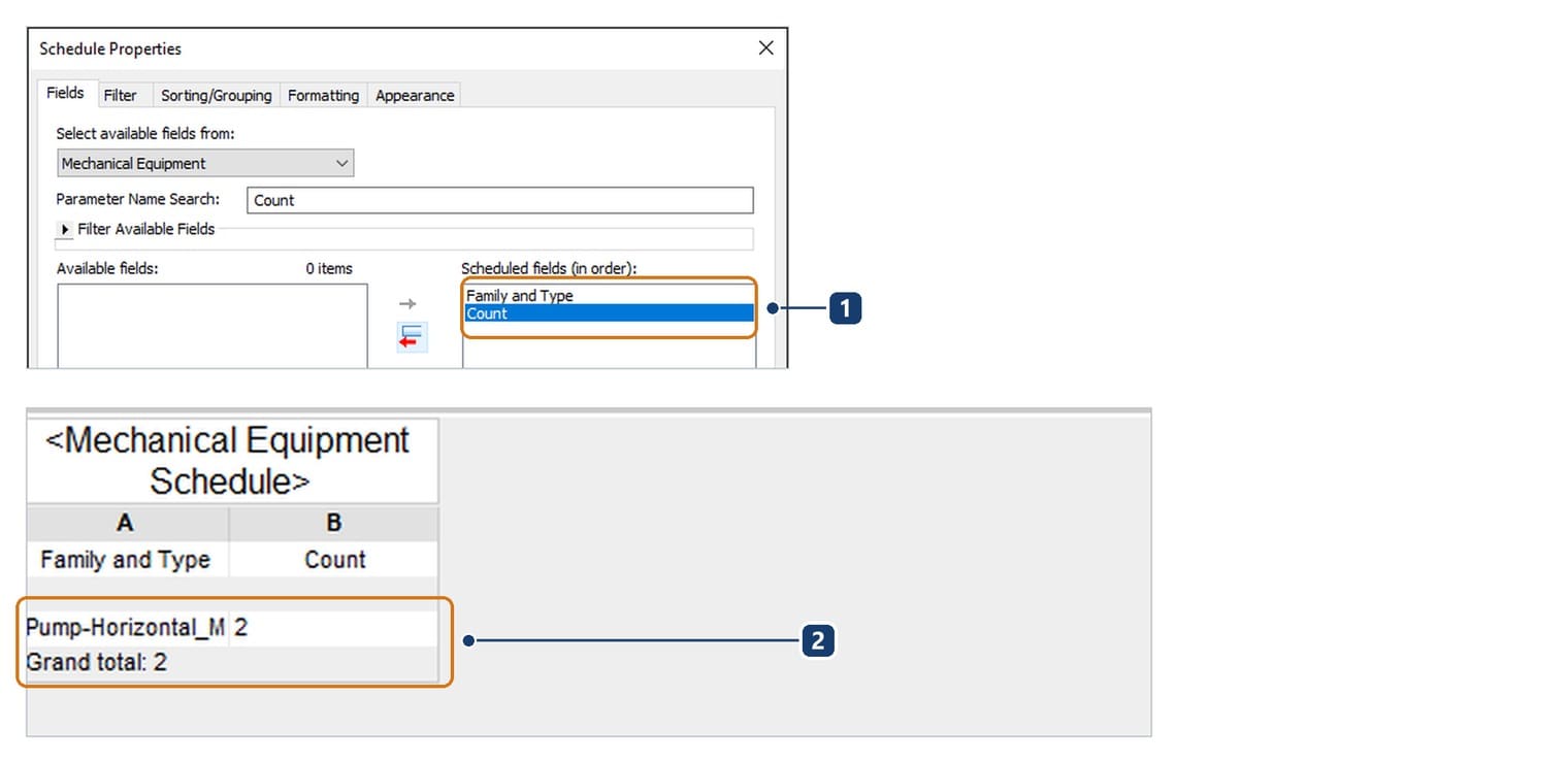 1 hai trường đã đưa sang cột Scheduled fields, 2 bảng kết quả: mỗi loại thiết bị một dòng kèm số lượng và tổng