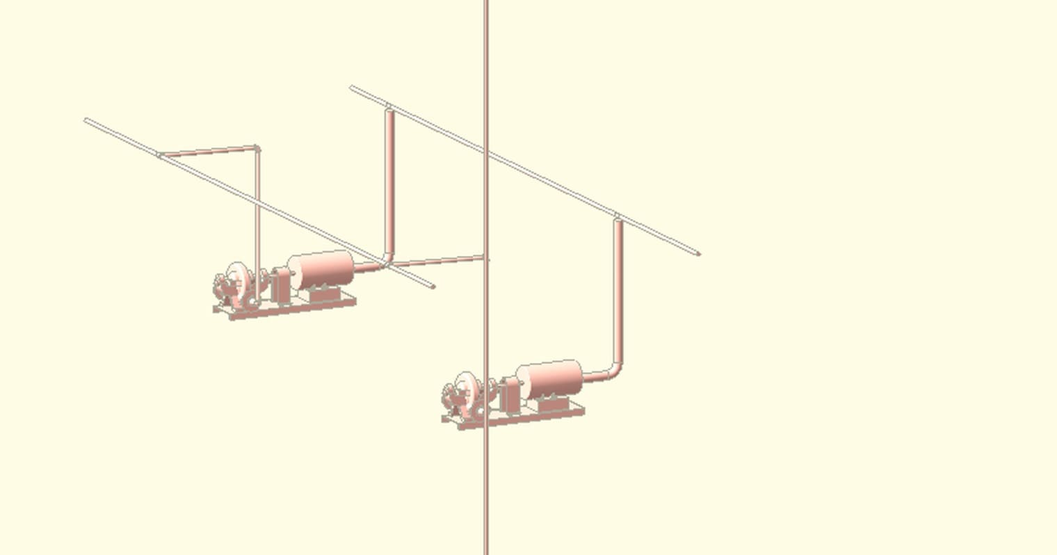 Cụm bơm chữa cháy dựng trong Revit: hai bơm trục ngang, ống góp hút, ống góp đẩy và ống đứng lên các tầng