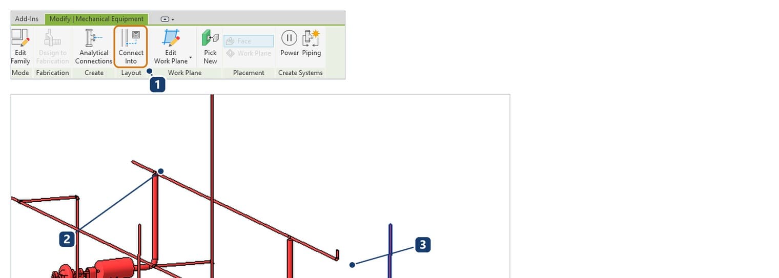 1 nút Connect Into trong panel Layout, 2 đoạn nối đầu đẩy Revit tự dựng, 3 nhánh hút từ bơm xuống ống góp hút