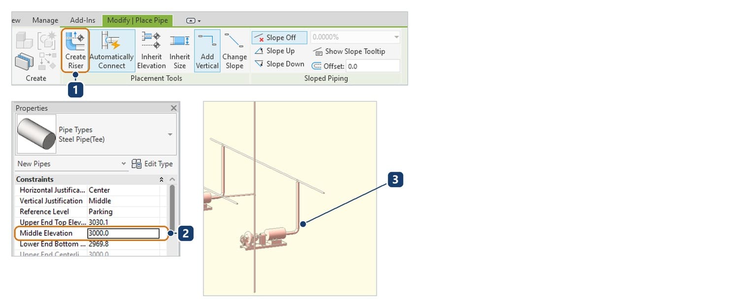 1 nút Create Riser, 2 cao độ mới gõ vào ô Middle Elevation, 3 ống đứng nhìn trong khung nhìn ba chiều