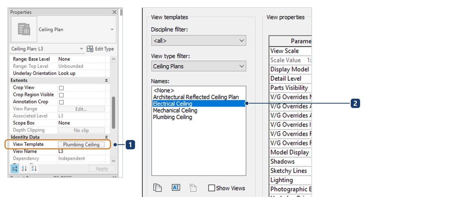 1 ô View Template trên bảng Properties, 2 danh sách template của khung nhìn trần, chọn Electrical Ceiling