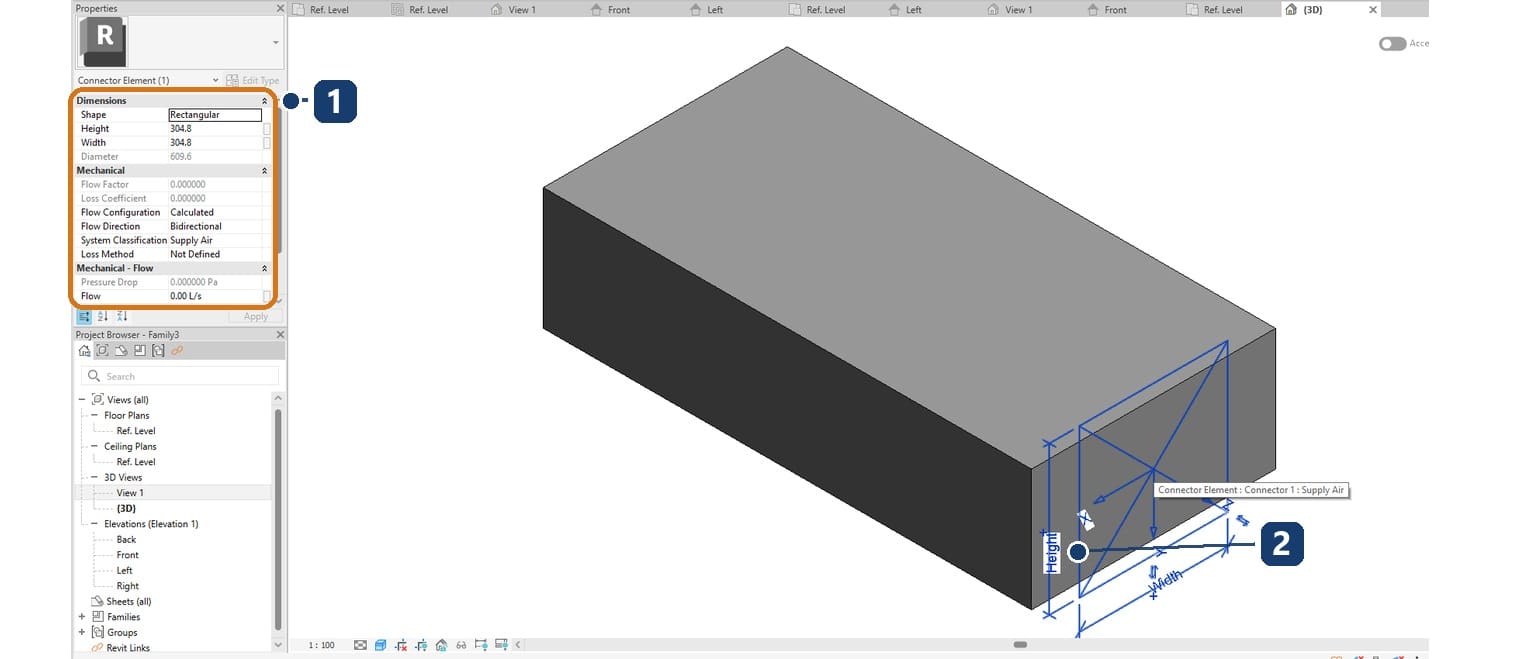 1 Properties của Connector Element: Shape, Height, Width, Flow Configuration, Flow Direction, System Classification, Loss Method; 2 nhãn Width và Height hiện ngay cạnh connector