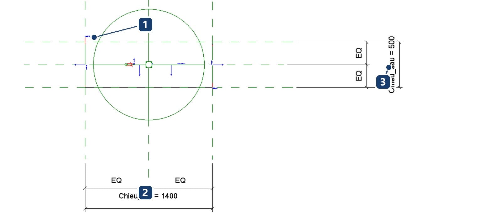1 hai mặt phẳng theo phương dọc; 2 kích thước tổng mang nhãn Chieu_dai; 3 cặp EQ giữ khối luôn đối xứng qua gốc