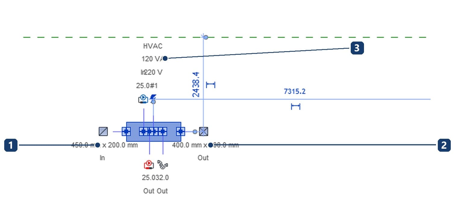 1 đầu gió hồi 450 × 200, chiều In; 2 đầu gió cấp 400 × 200, chiều Out; 3 nhãn điện đọc được nhóm phụ tải HVAC, 120 VA và 220 V