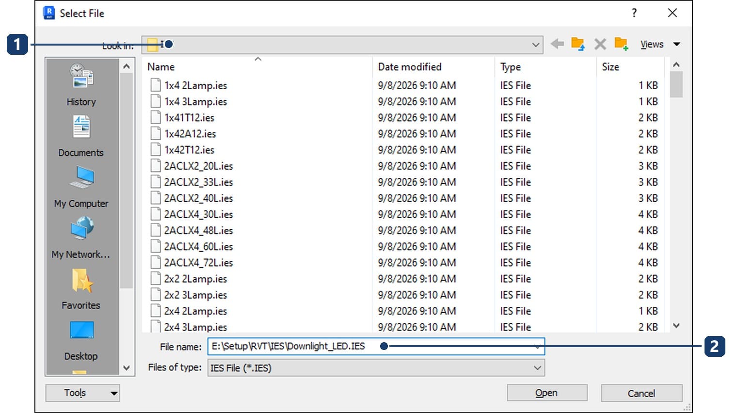 1 Revit opens the IES folder that ships with the software; 2 the filter shows IES files only