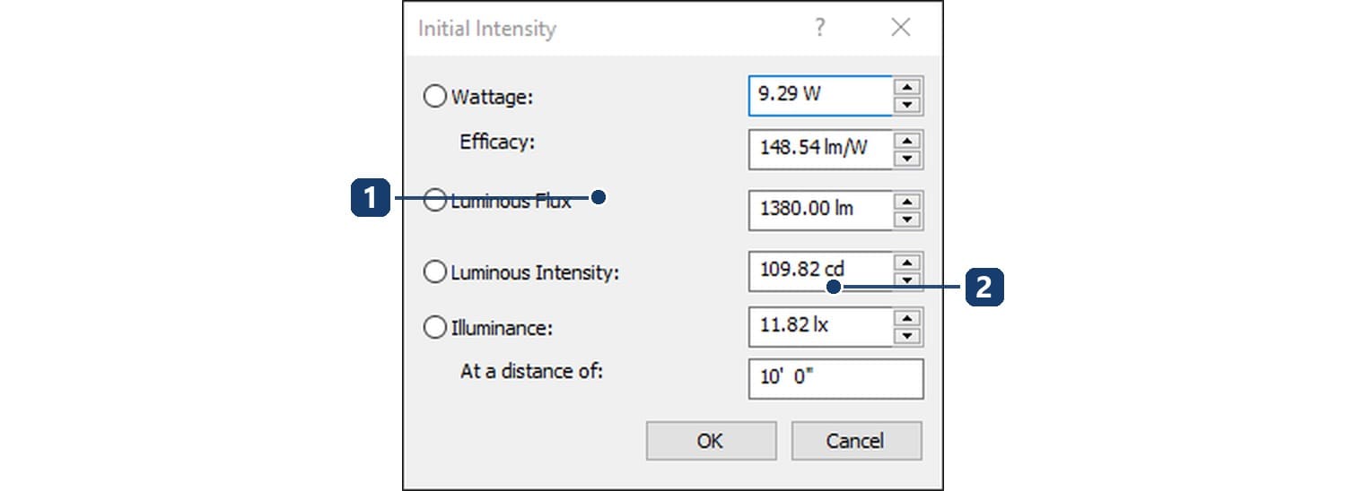 1 enter wattage and efficacy; 2 or type the luminous flux straight from the manufacturer's catalogue