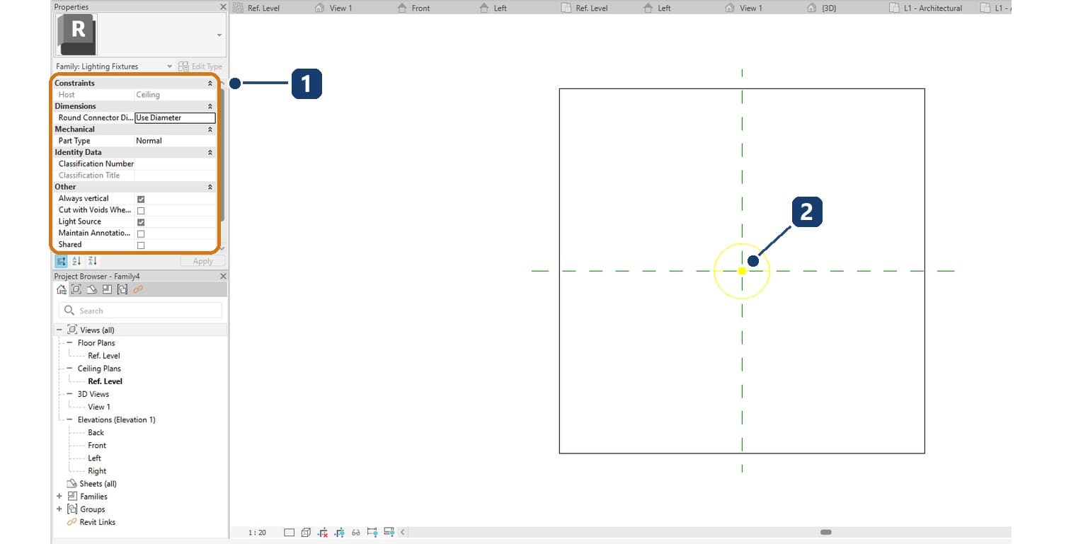 1 Properties shows Host as Ceiling and the Light Source box already ticked; 2 the yellow light source sits at the origin