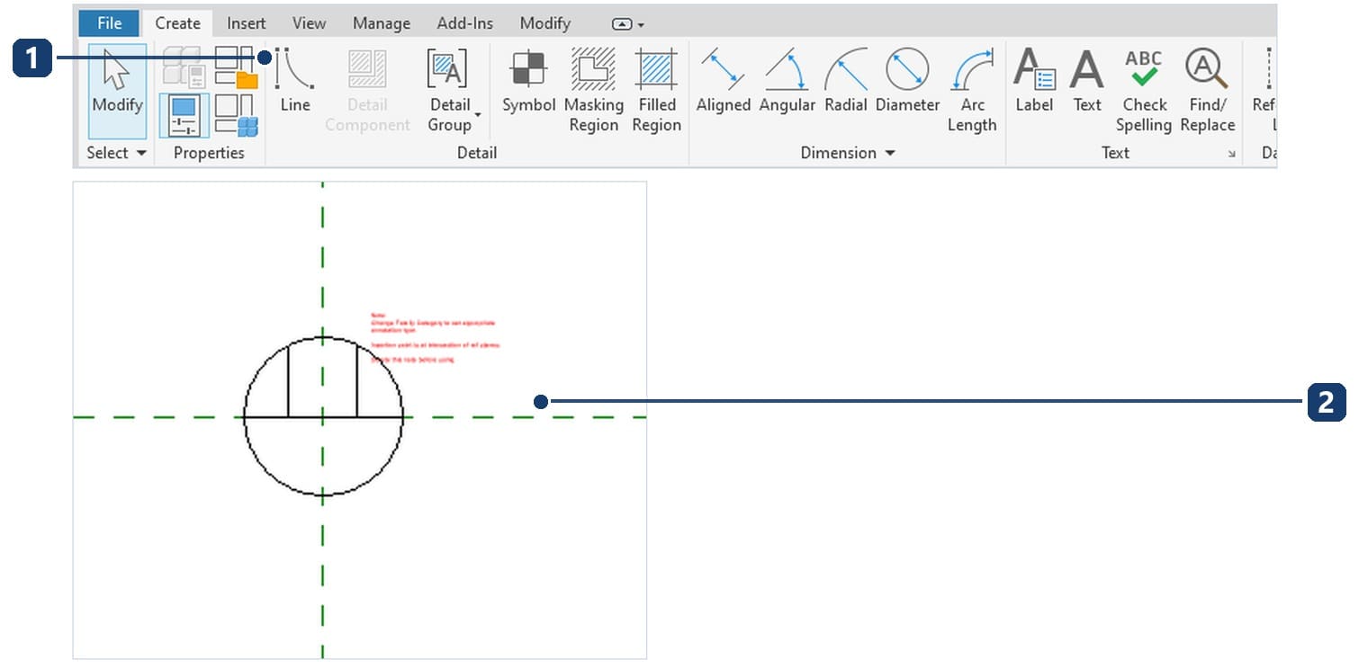 1 the Create tab of the annotation family: Line, Symbol, Label; 2 the finished symbol around the origin