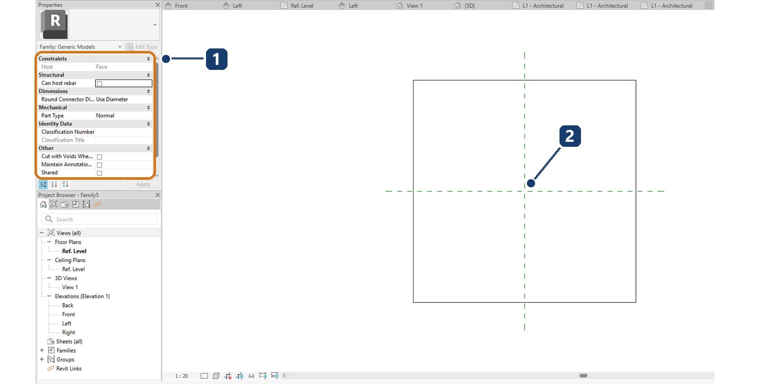 1 Properties reports Host as Face; 2 the placeholder host box around the origin