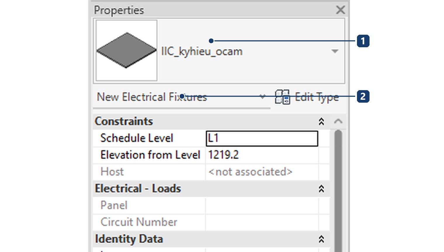 1 the loaded family appears in the Type Selector; 2 Elevation from Level is the mounting height above the level