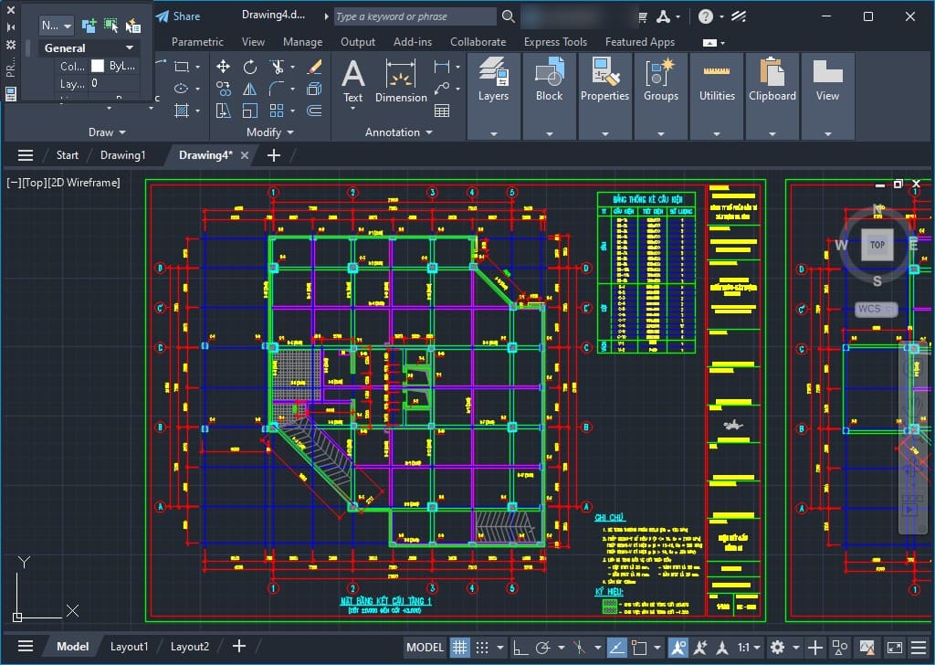 Giao diện AutoCAD 2027 với một bản vẽ kết cấu