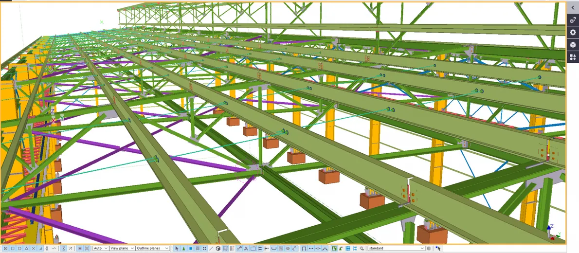 Close-up of purlins, roof bracing and trusses in a Tekla Structures model