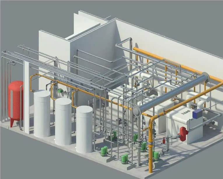 Revit MEP plant room model: tanks, pumps and pipework