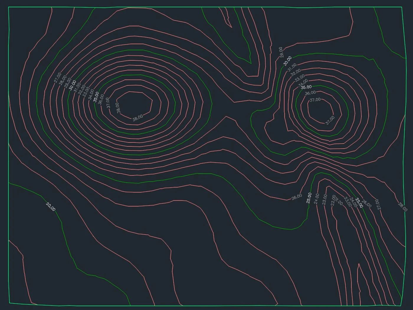 Contour map built in Civil 3D from surveyed spot heights