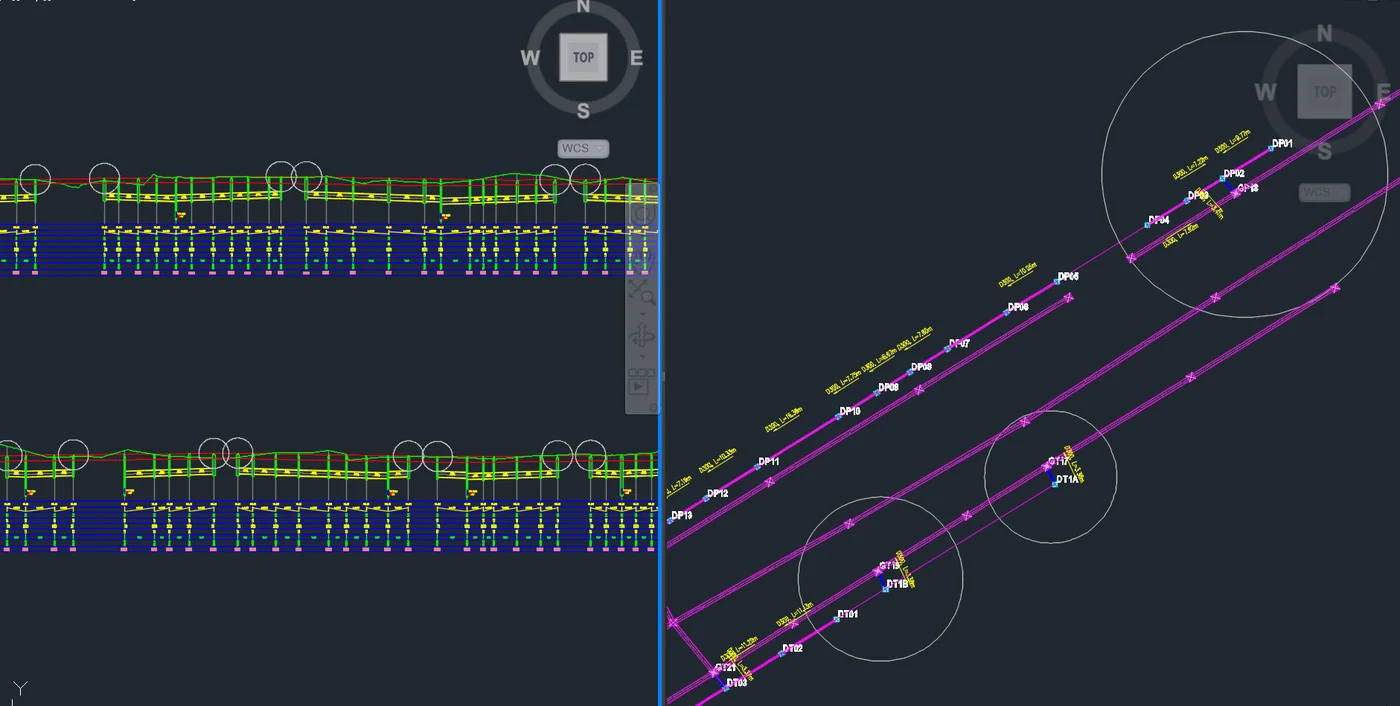 Civil 3D drainage network: pipe long section and manhole layout plan