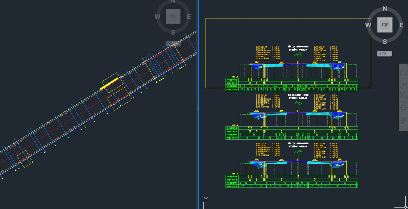 Sample lines on plan and cross-section sheets produced from the Civil 3D model