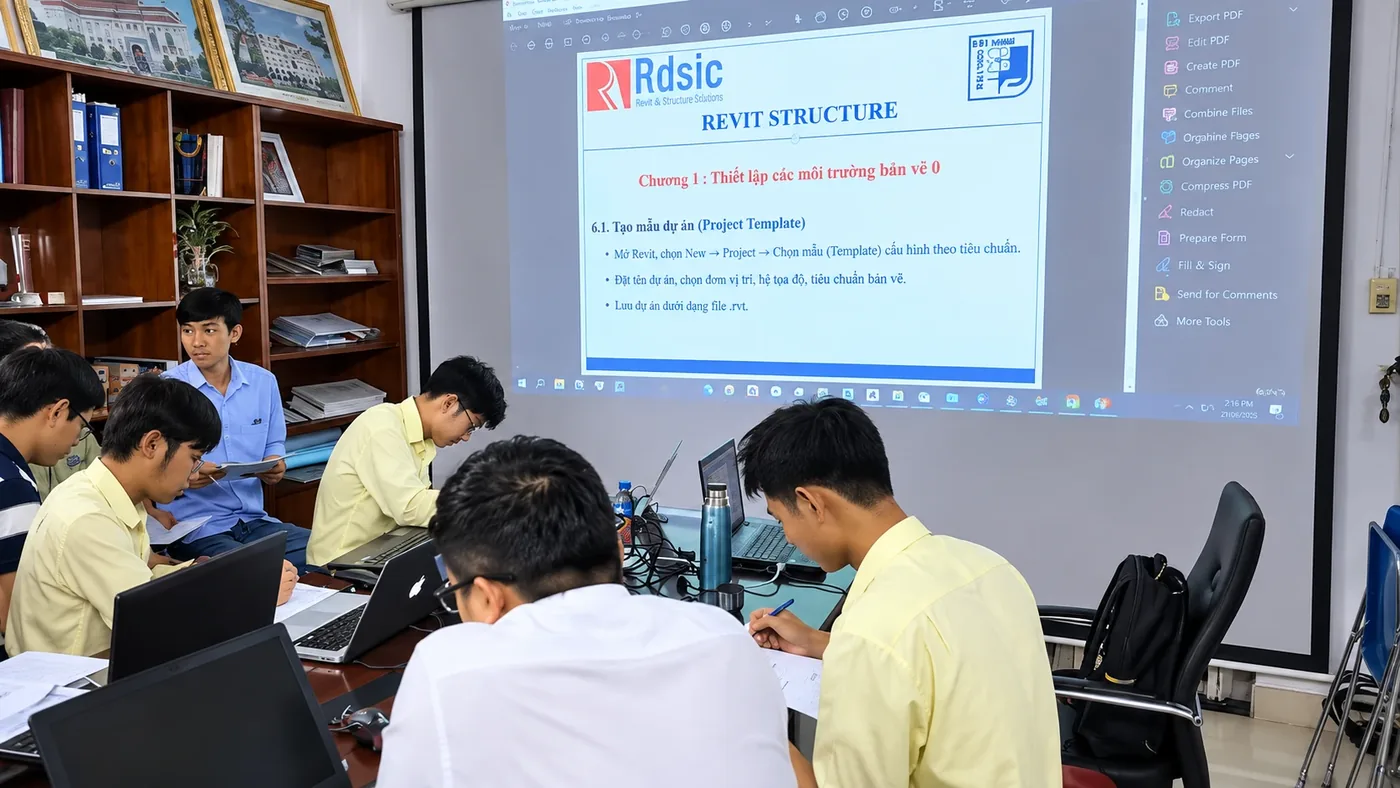 Revit training at a company: staff engineers follow a Revit Structure lesson on the projector