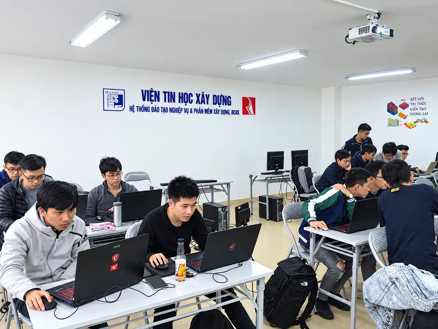Học viên thực hành trên máy tính trong phòng học của Viện Tin học Xây dựng