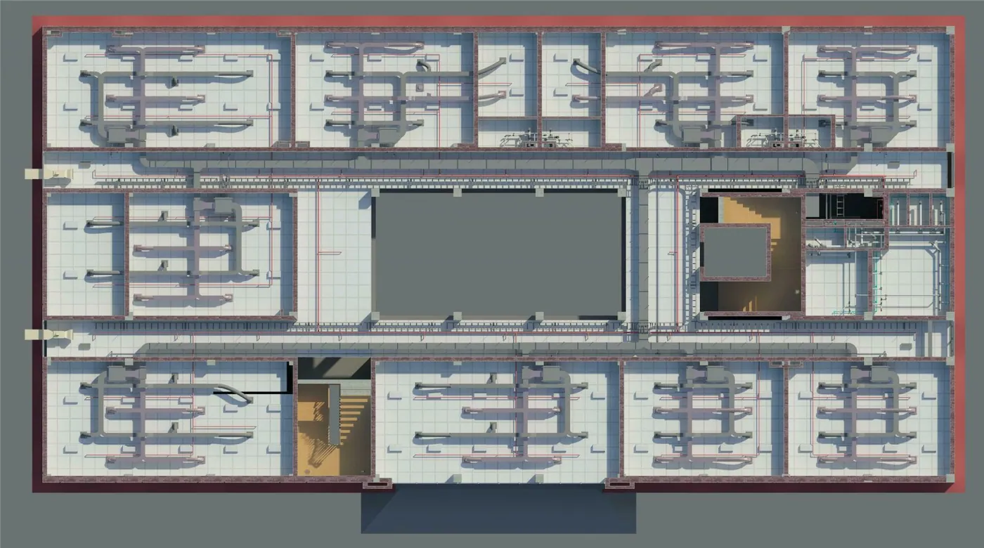 Typical floor plan with HVAC ductwork shown in Revit MEP