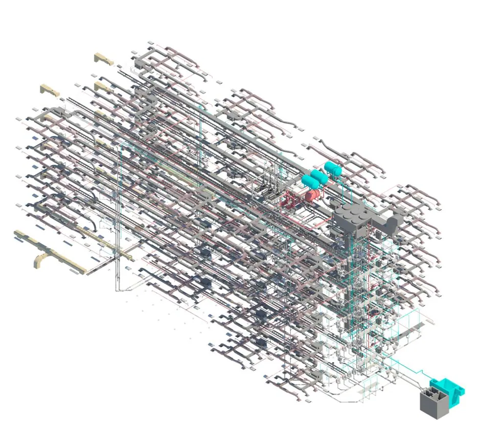 3D Revit MEP model of the building's complete pipework and ductwork