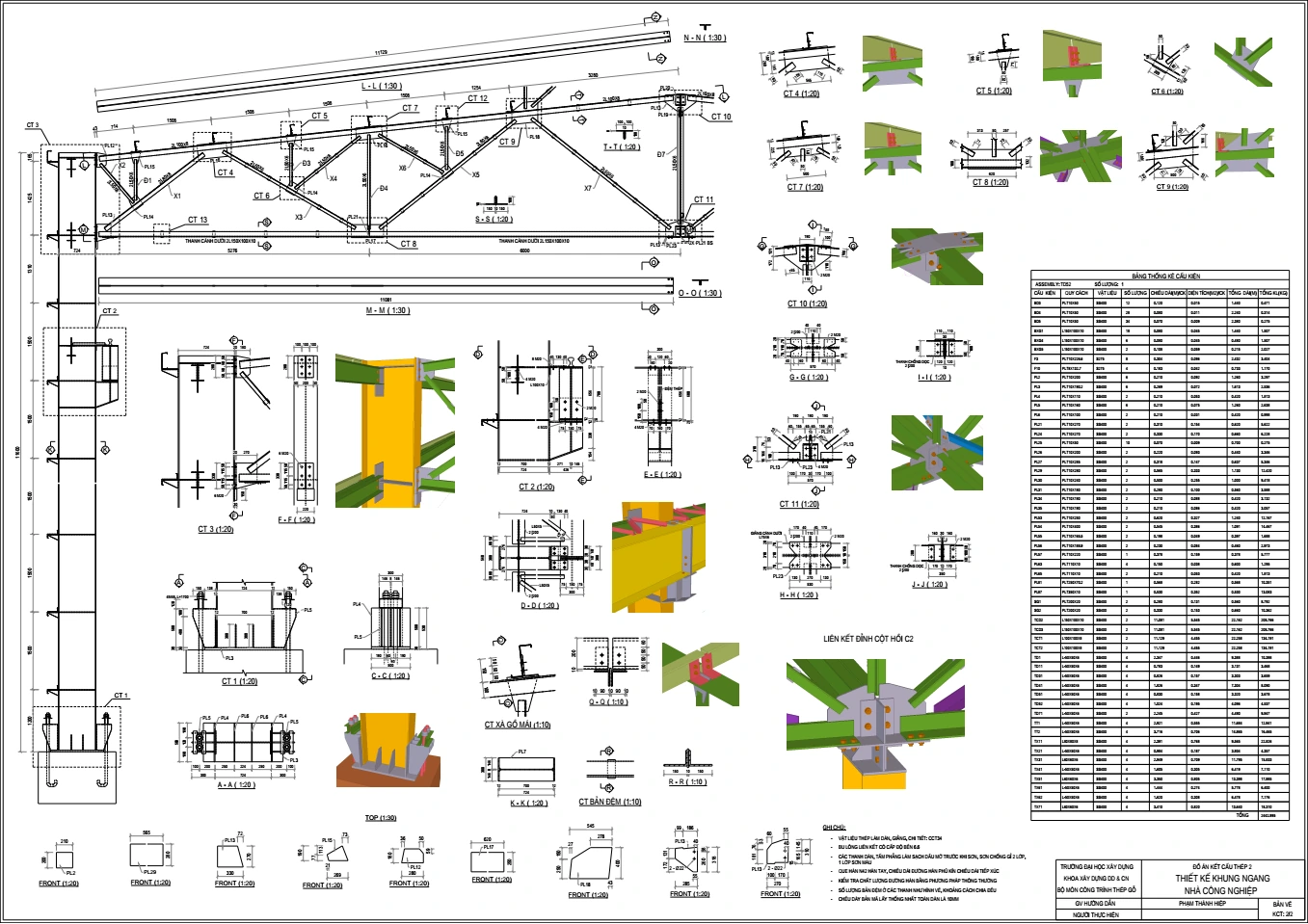 Steel industrial portal frame drawing: connection details, 3D joint views and member schedule from Tekla Structures