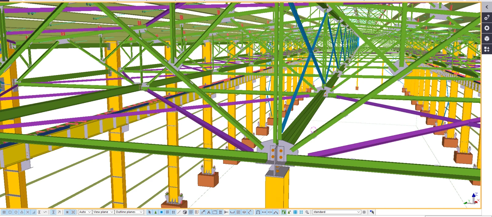 Close-up of a truss-to-column joint, roof bracing and purlins in Tekla Structures
