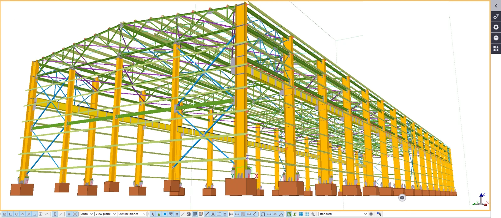 3D Tekla Structures model of an industrial steel frame: columns, roof trusses, purlins, bracing and footings