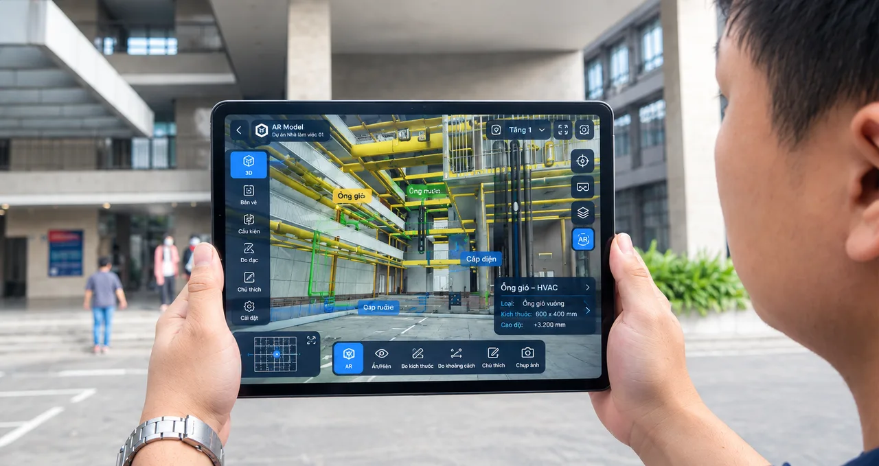 Illustration: an engineer with an iPad viewing ducts, pipes and cables overlaid on existing conditions, with an element information panel