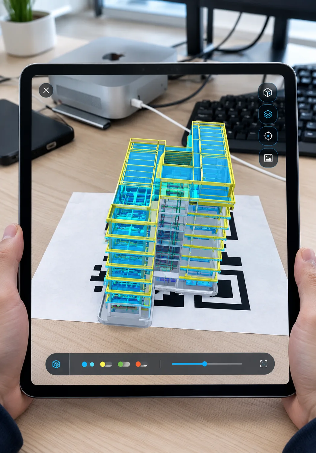 Illustration: an iPad showing a building structure and MEP model anchored to a printed QR marker on a table