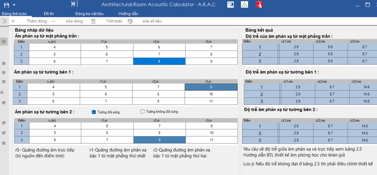 ARAC table 1: sound path inputs and reflection delay results