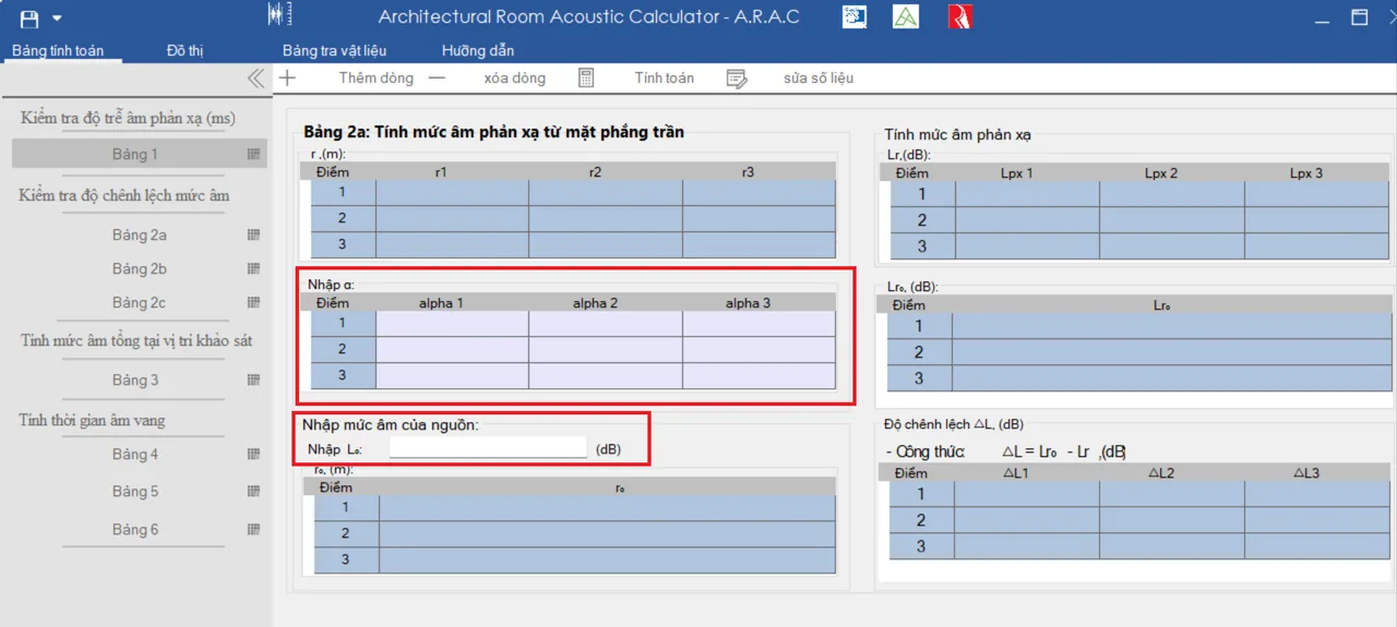 ARAC table 2a: absorption coefficient alpha and source level inputs