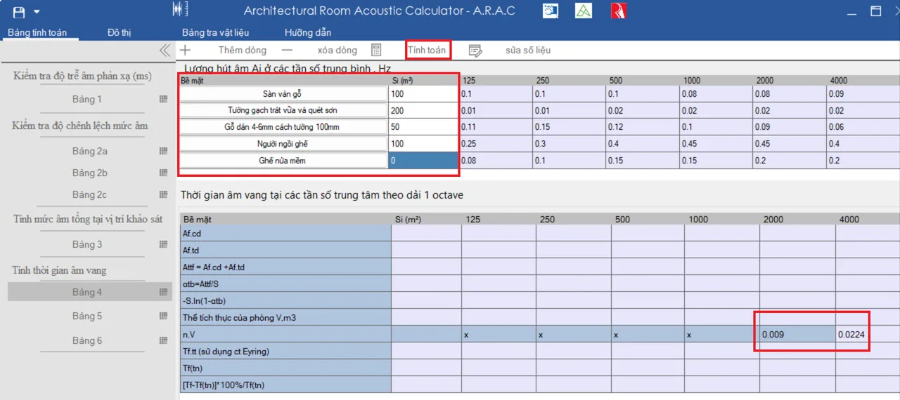 ARAC table 5: area of each surface and air absorption