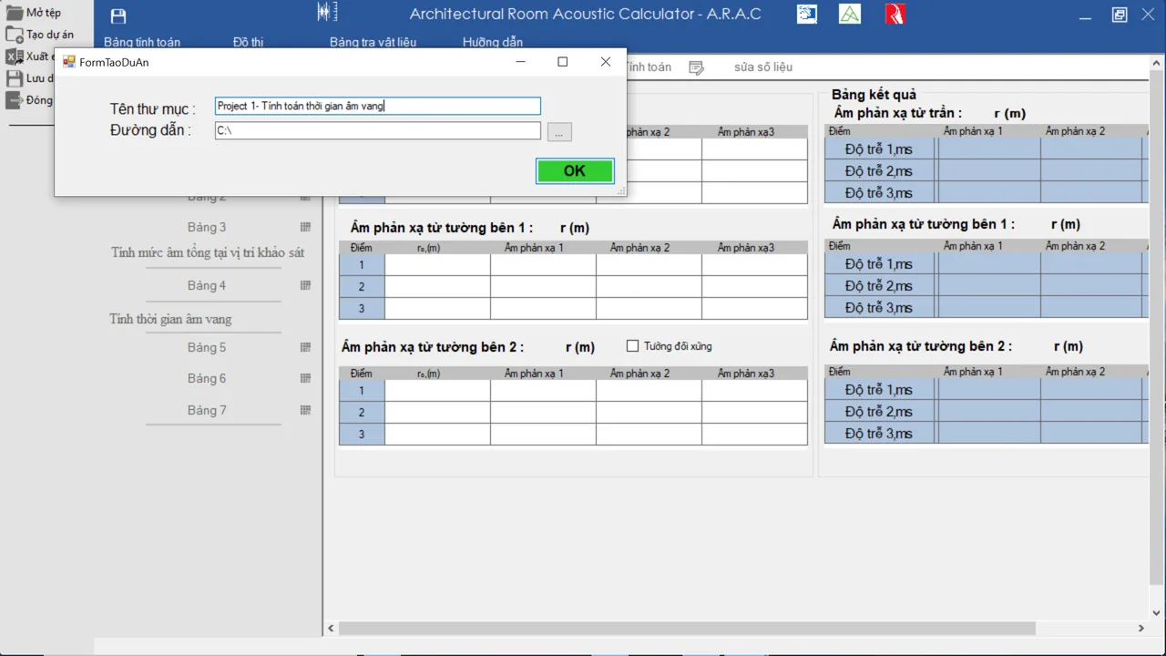 ARAC New project dialog for saving the calculations