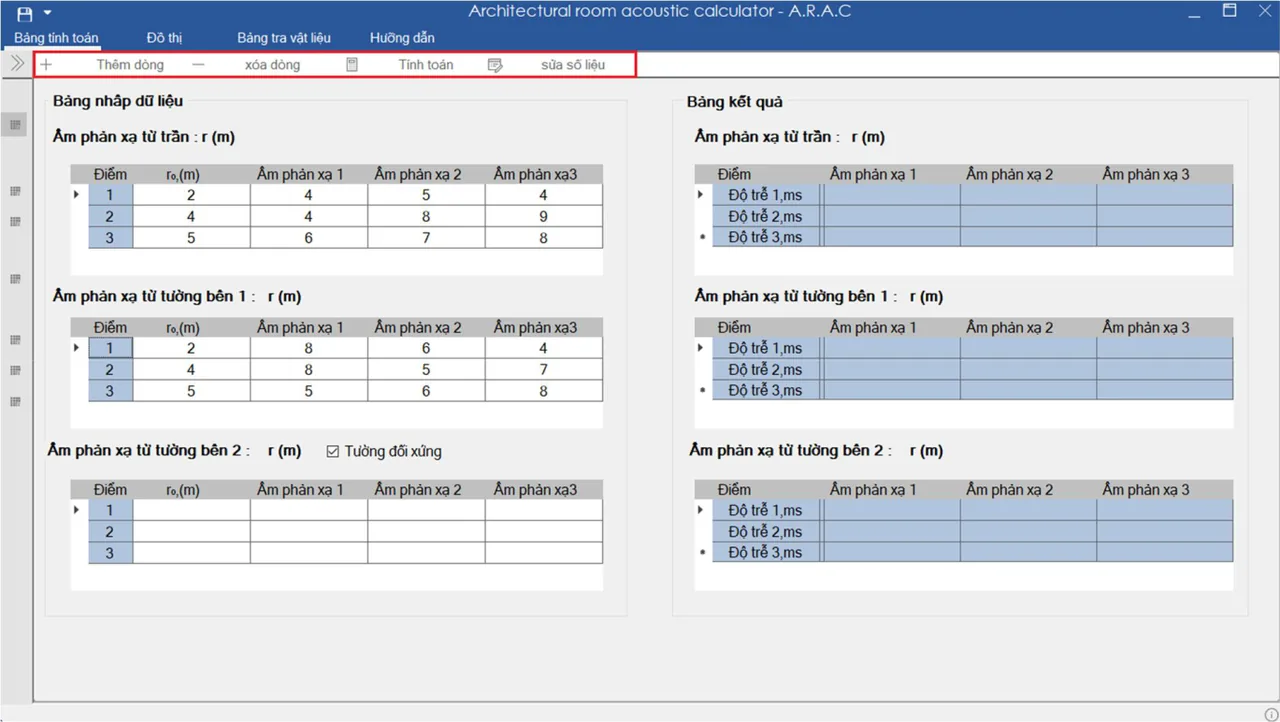 ARAC toolbar with the Add row, Delete row, Calculate and Edit data buttons