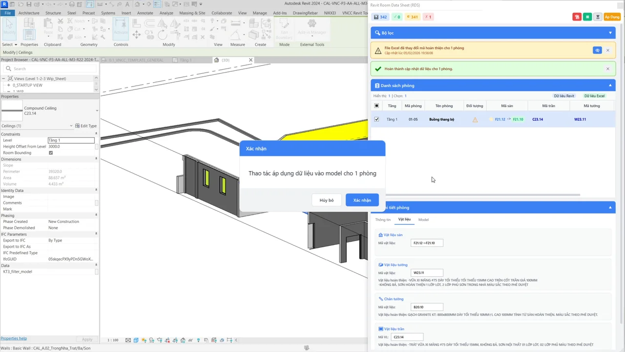 Revit dialog confirming that data is applied to the model for 1 room; the RDS VNCC table reports that Excel changed a finish code