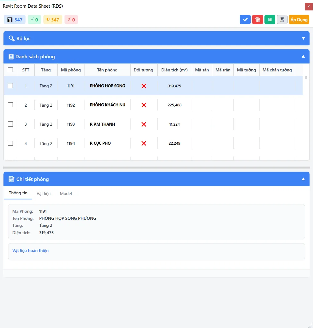 RDS VNCC room data table with the Filter, Room list and Room details tabs