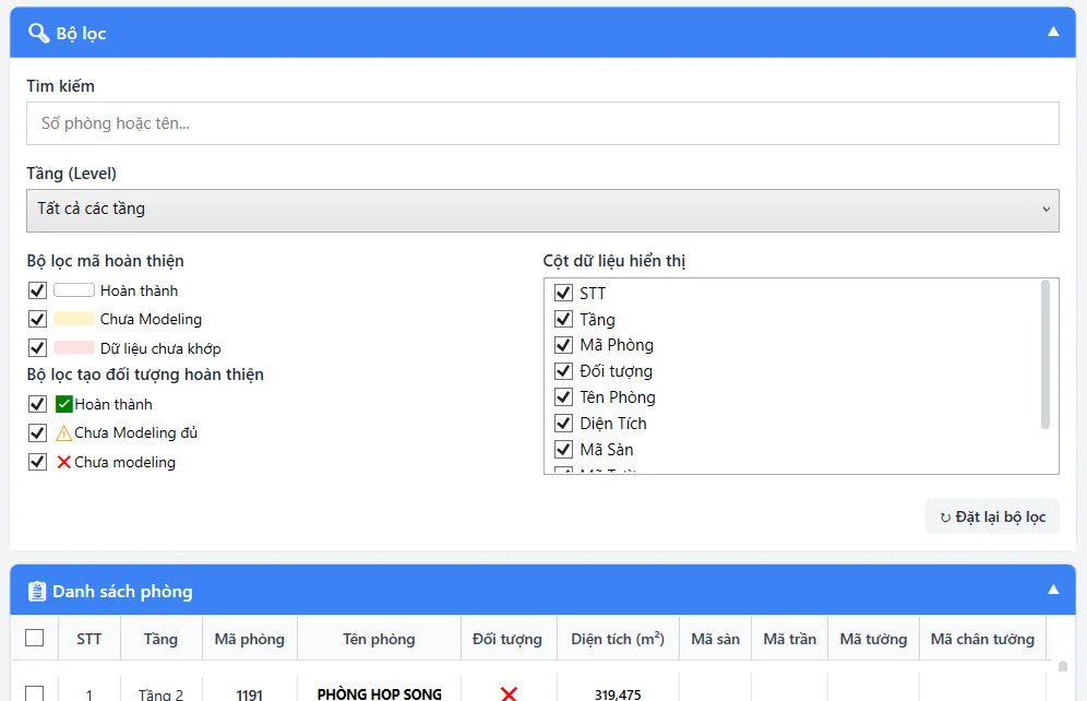 Filter tab of the RDS VNCC room data table