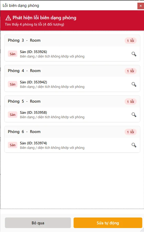 RDS VNCC warning window listing faulty floor and ceiling elements by room