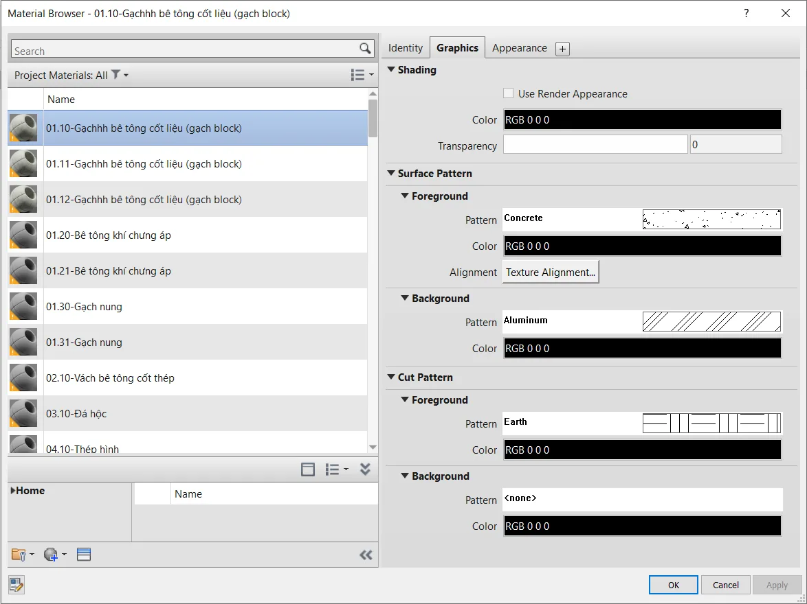 Revit Material Browser showing materials created by RDS VNCC, with colours and patterns