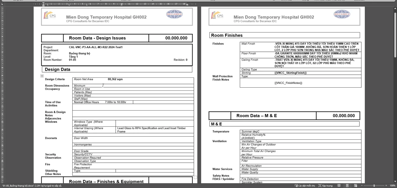 Room Data Sheet exported to Word with the Room Data, Room Finishes, M&E and Schedule of Components sections