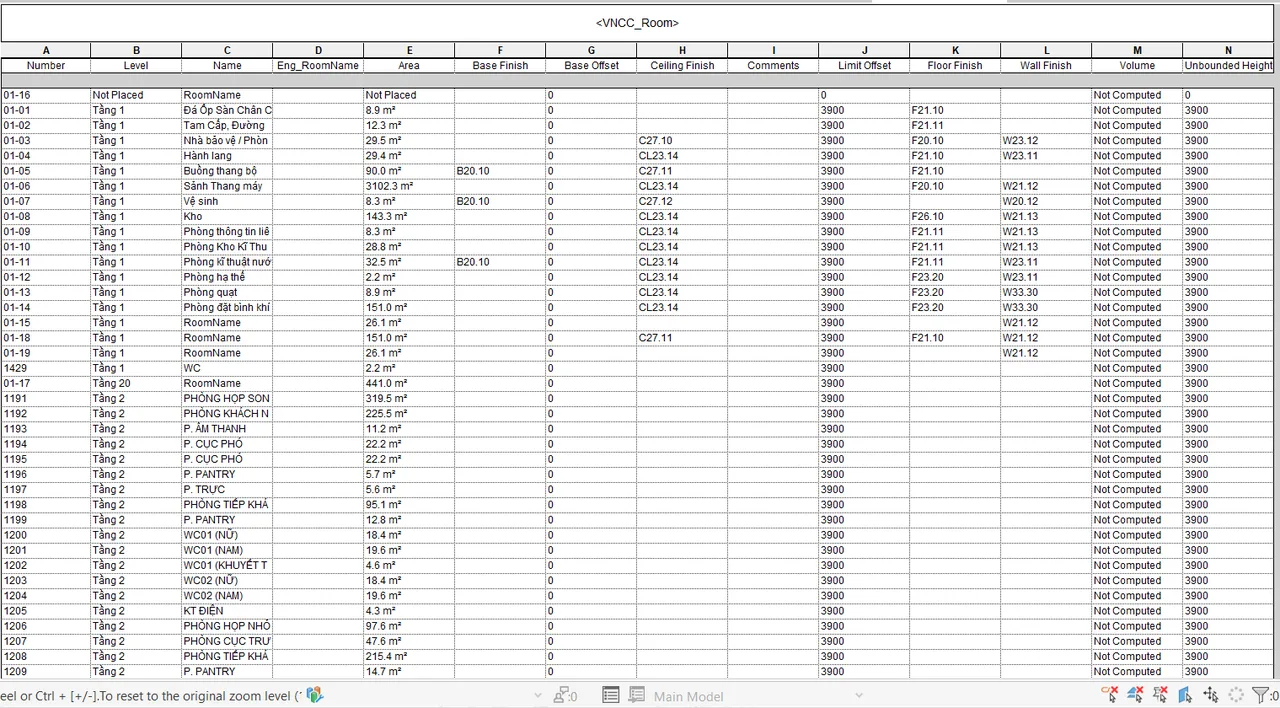 Room Schedule summarising room data for the whole project, created by RDS VNCC
