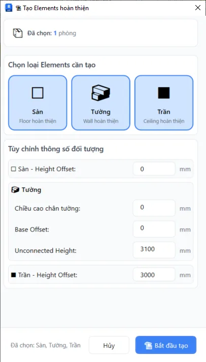 Create finish elements dialog with three options: Floor, Wall, Ceiling